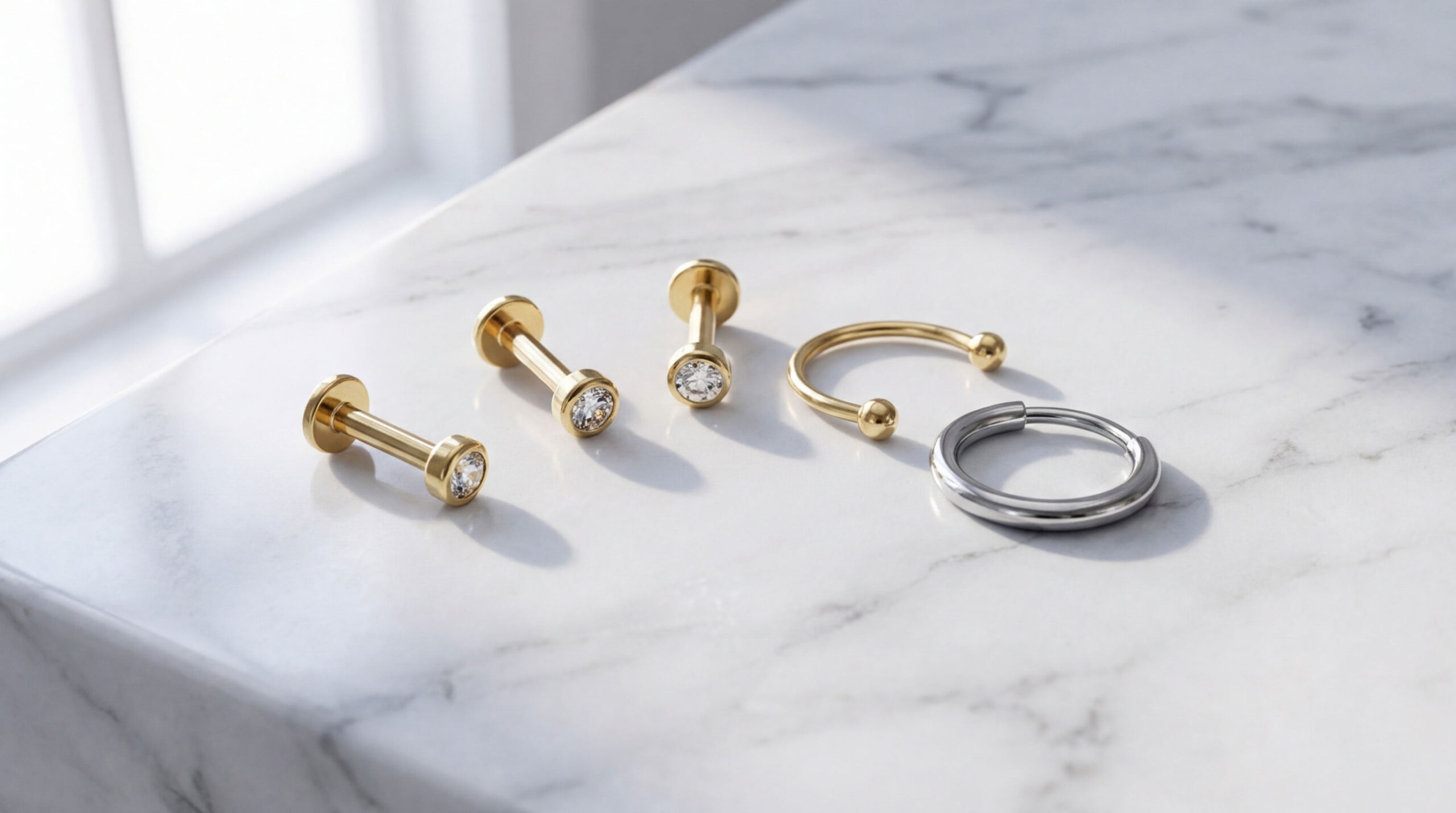 Body piercing jewelry selection — implant-grade titanium and solid gold for new piercings