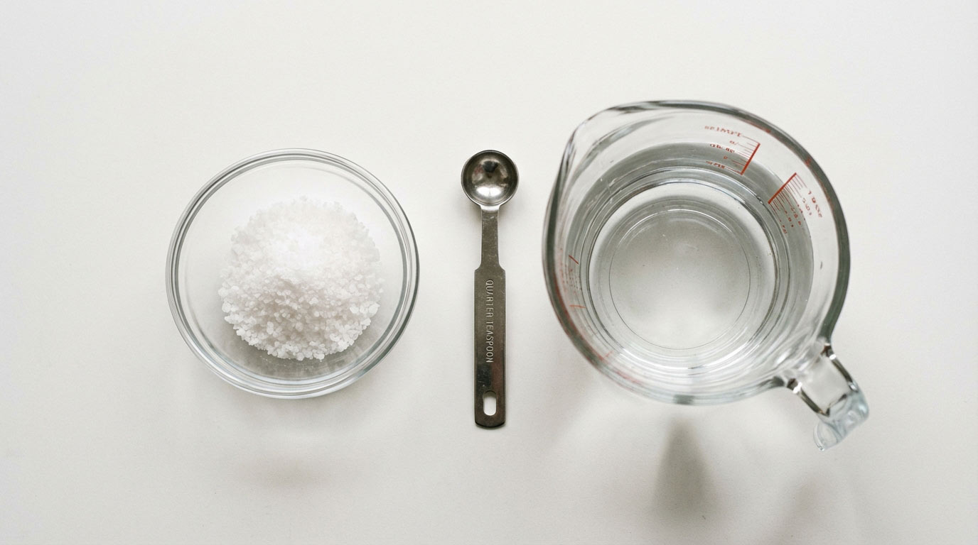 Bowl of sea salt with measuring spoon — DIY saline solution for piercings