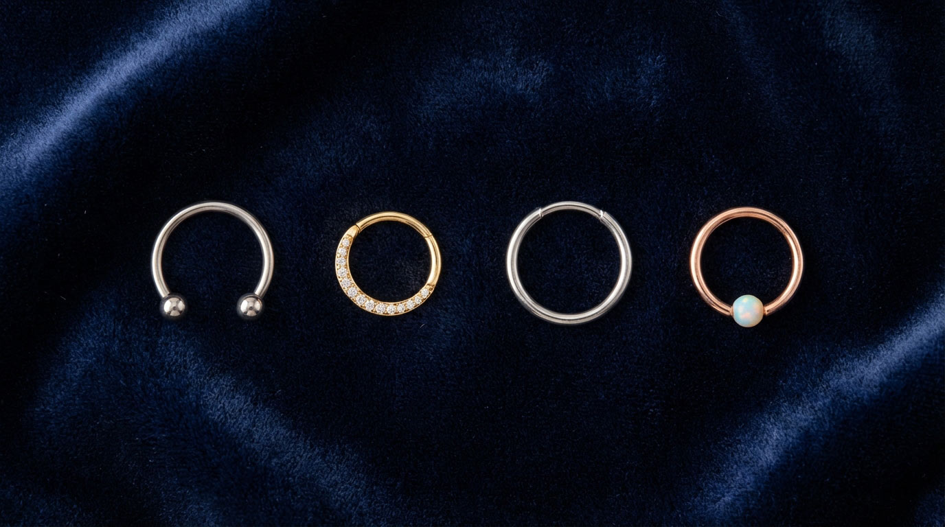 Daith piercing jewelry options 2025 — curved barbell titanium, captive bead ring, gold clicker hinged ring, seamless hoop and decorative clicker for healed daith