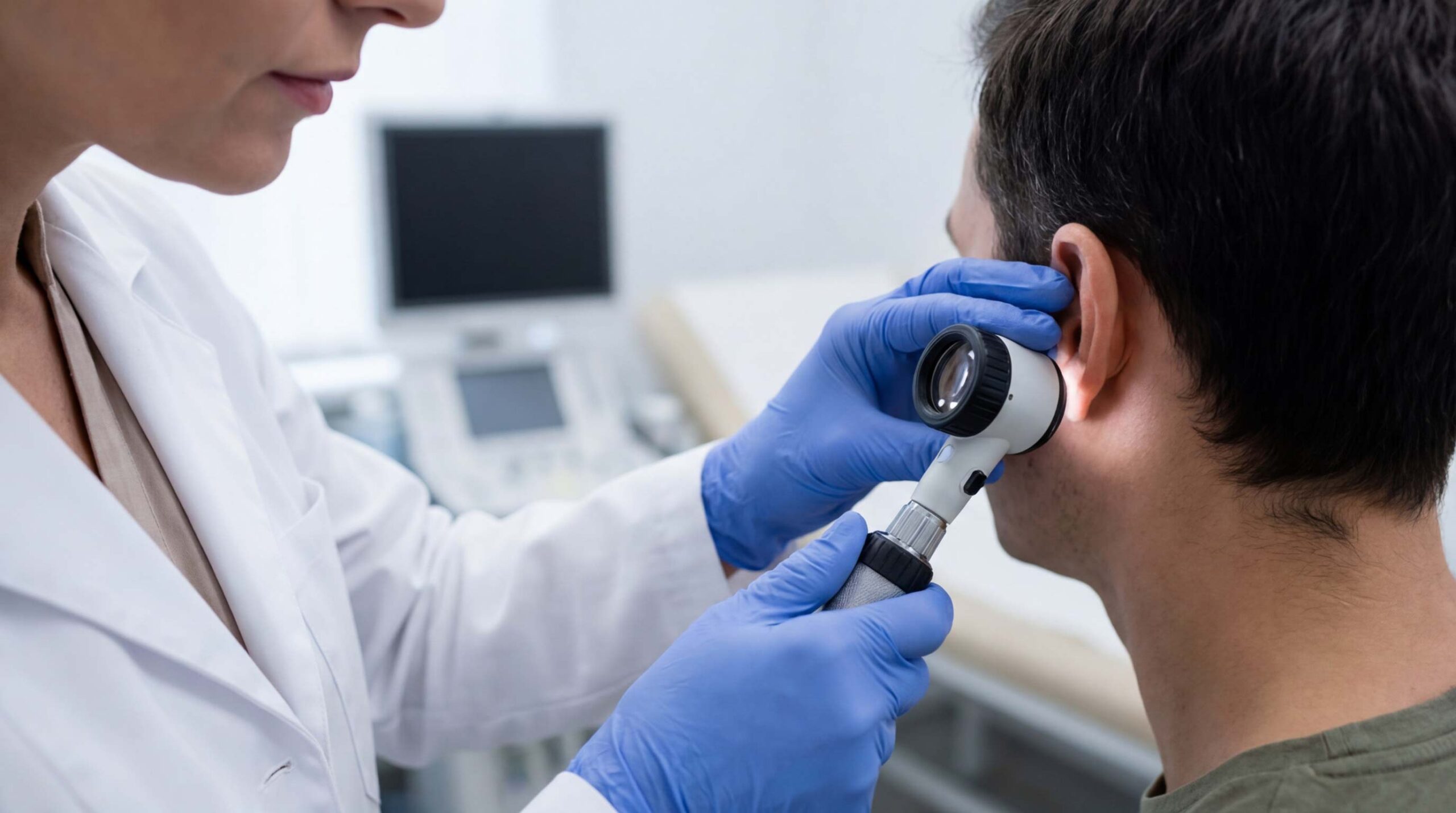 Dermatologist examining patient ear for keloid diagnosis