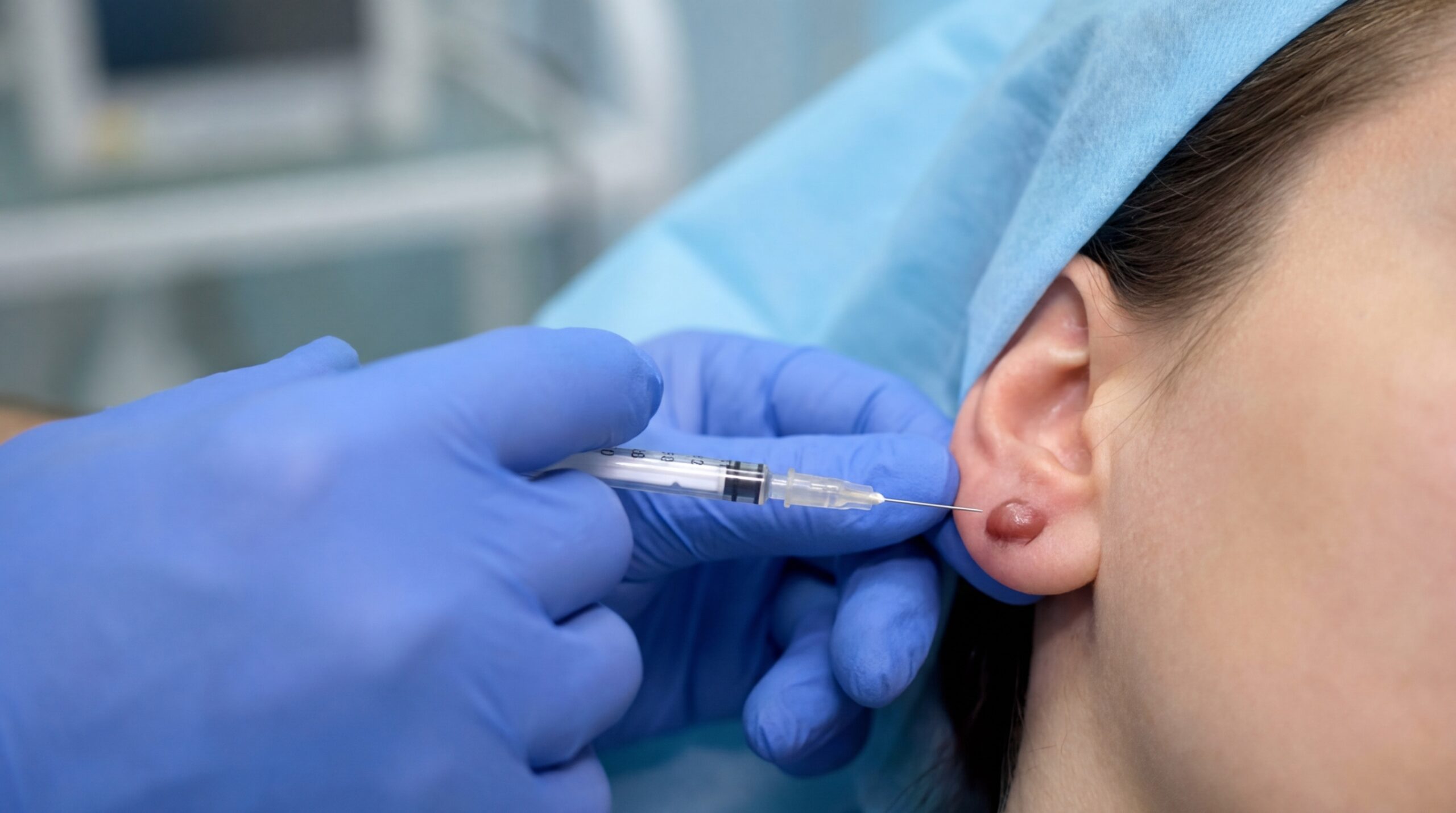 Doctor's hand holding syringe for keloid steroid injection treatment
