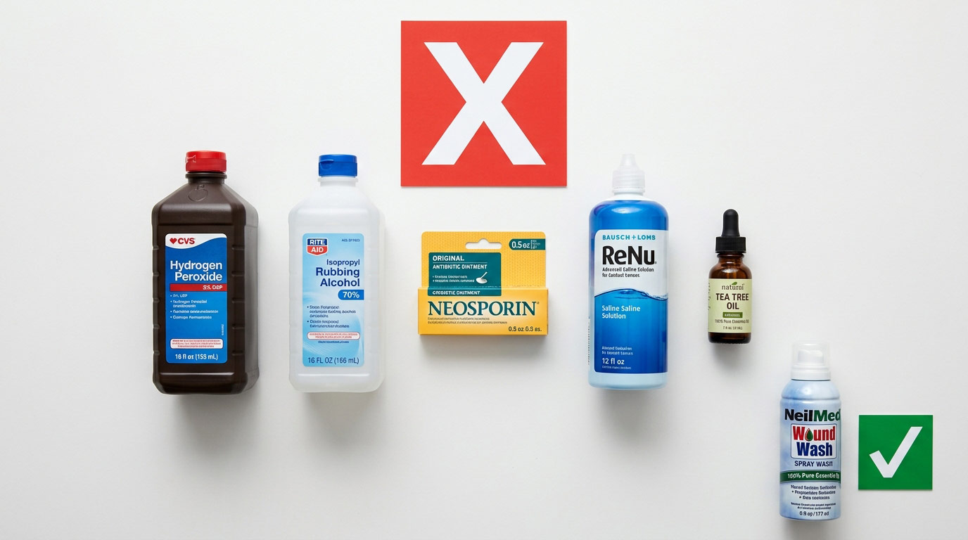 Piercing aftercare products — saline spray and clean gauze