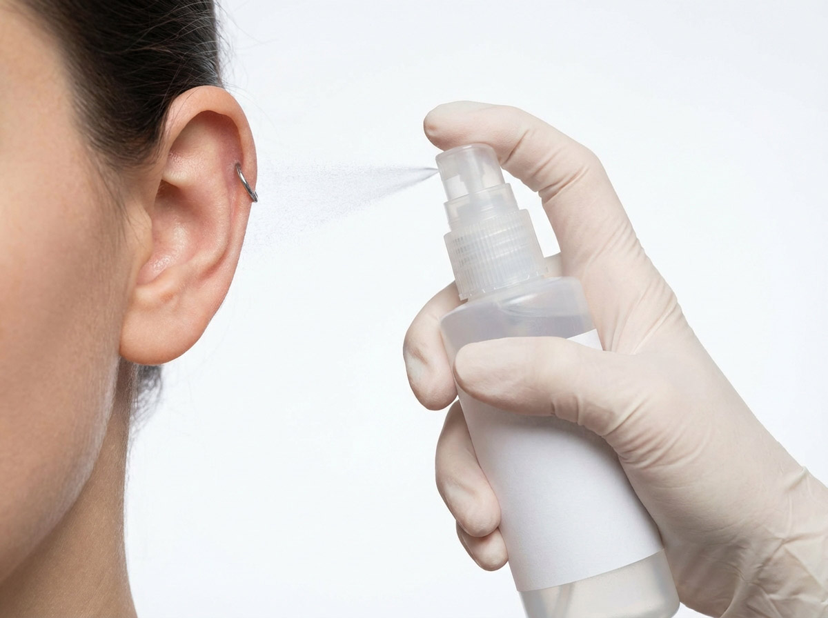 Hand holding sterile saline wound wash spray for ear piercing aftercare