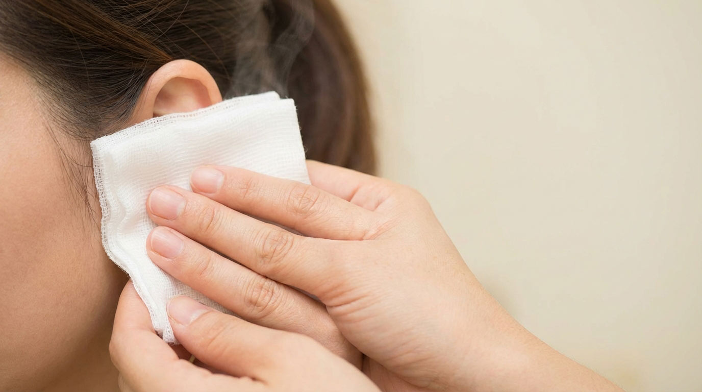 Hands holding gauze for piercing infection home treatment — warm compress technique