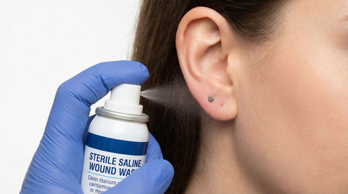 Hands holding saline spray bottle for piercing aftercare cleaning