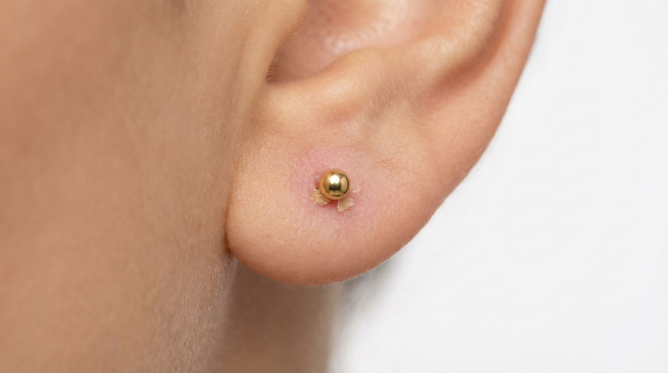 Healed earlobe piercing — what normal healing looks like vs infected piercing