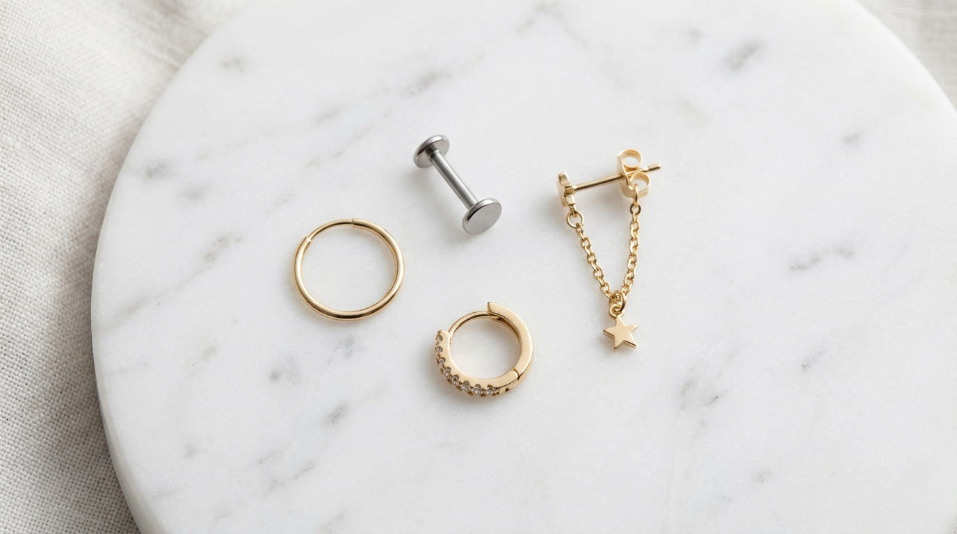 Helix piercing jewelry styles — flat-back titanium labret stud, seamless gold hoop, and cartilage huggie for helix piercings
