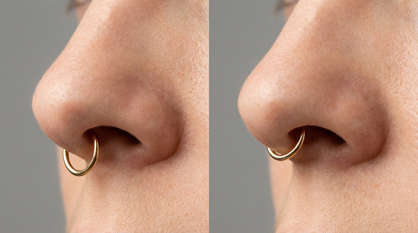 Gold horseshoe septum ring 2025 trend — dainty gold septum barbell showing quiet luxury septum piercing style