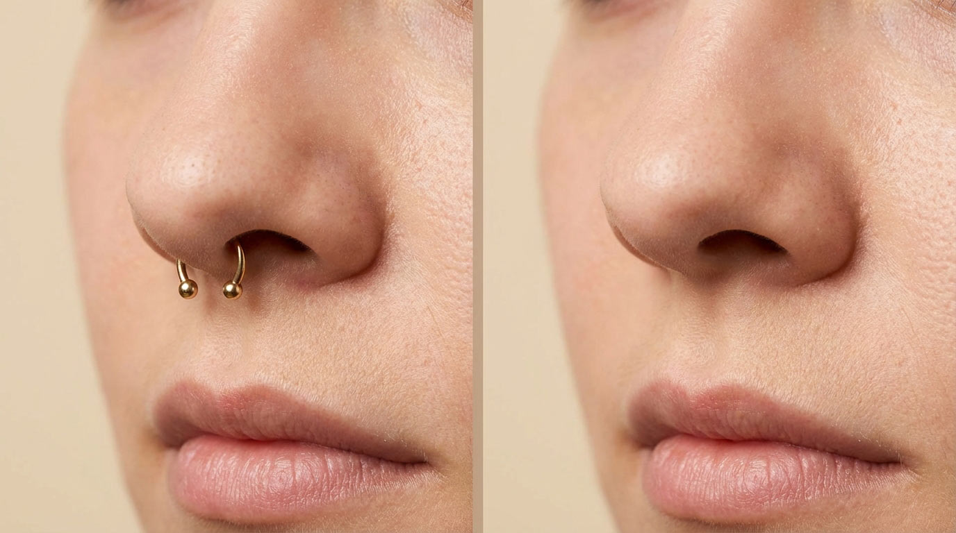 Gold horseshoe septum ring barbell showing how to flip up septum piercing jewelry inside nostrils to hide it — septum concealment guide