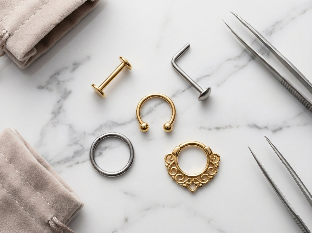 Nose piercing jewelry styles — flat-back stud, horseshoe barbell, septum clicker, nose hoop