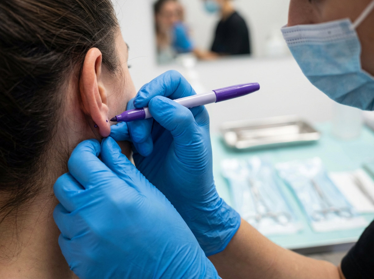 Piercer marking client's ear for placement — professional piercing consultation