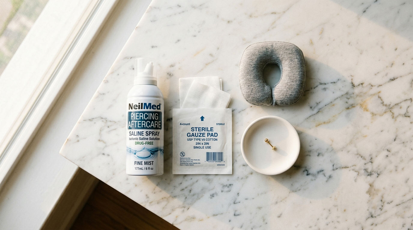 Piercing aftercare essentials — saline spray, gauze and tools for faster healing