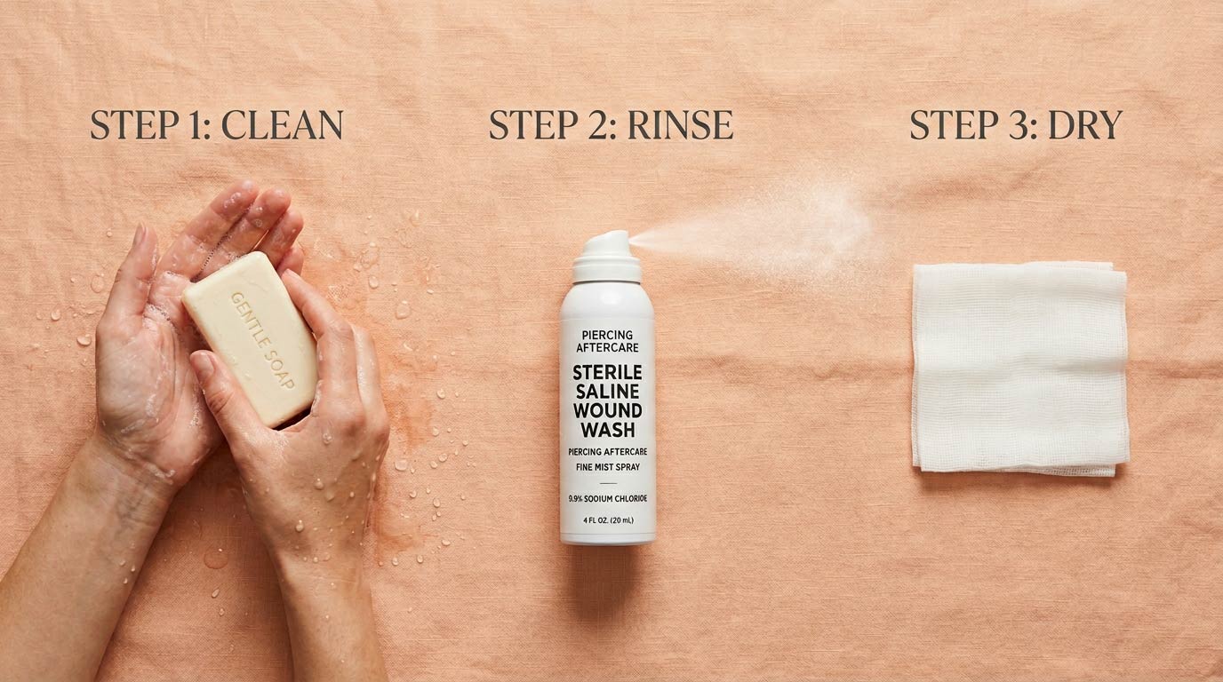 Person cleaning a fresh ear piercing with saline spray — piercing aftercare