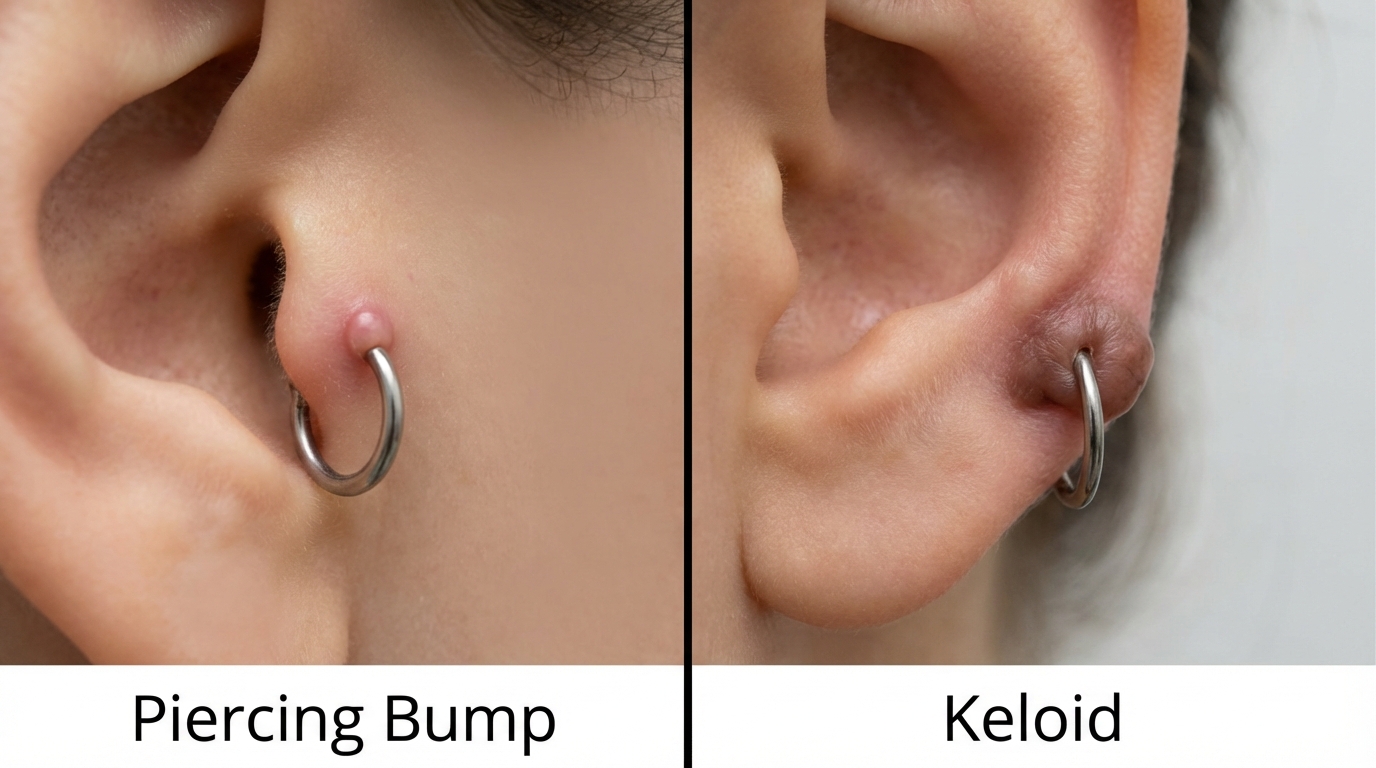 Piercing bump versus keloid visual comparison — side by side