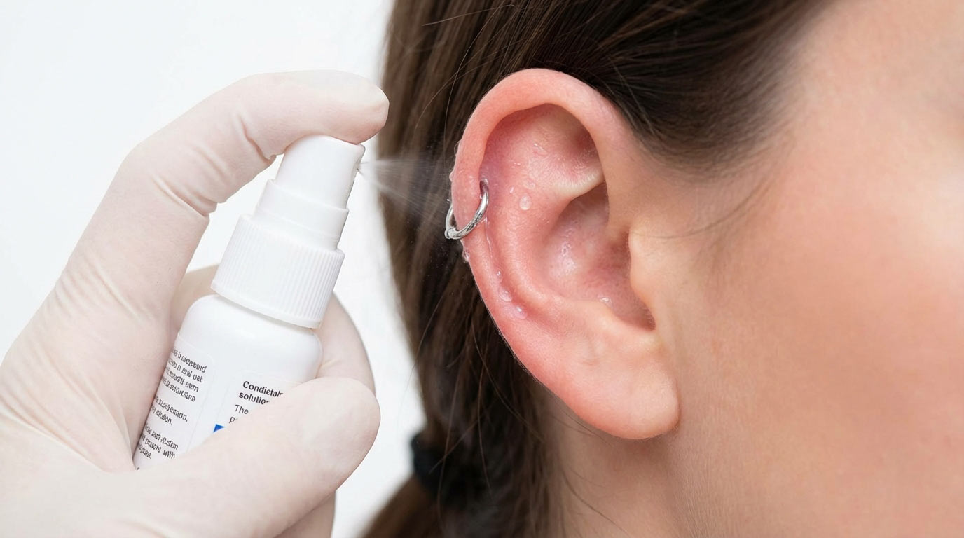 Sterile saline spray applied to helix cartilage piercing — correct helix piercing aftercare technique twice daily