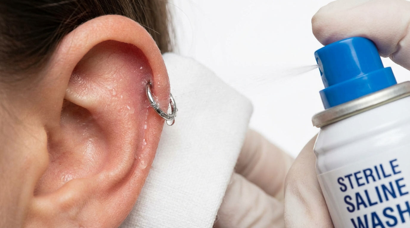 Sterile saline solution sprayed directly on cartilage helix piercing — correct aftercare technique for cartilage piercings