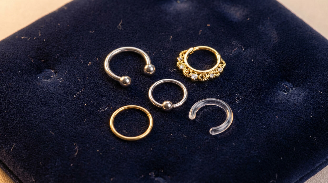 Septum piercing jewelry options 2025 — horseshoe barbell, gold clicker ring, seamless hoop, captive bead ring and retainer for septum piercings