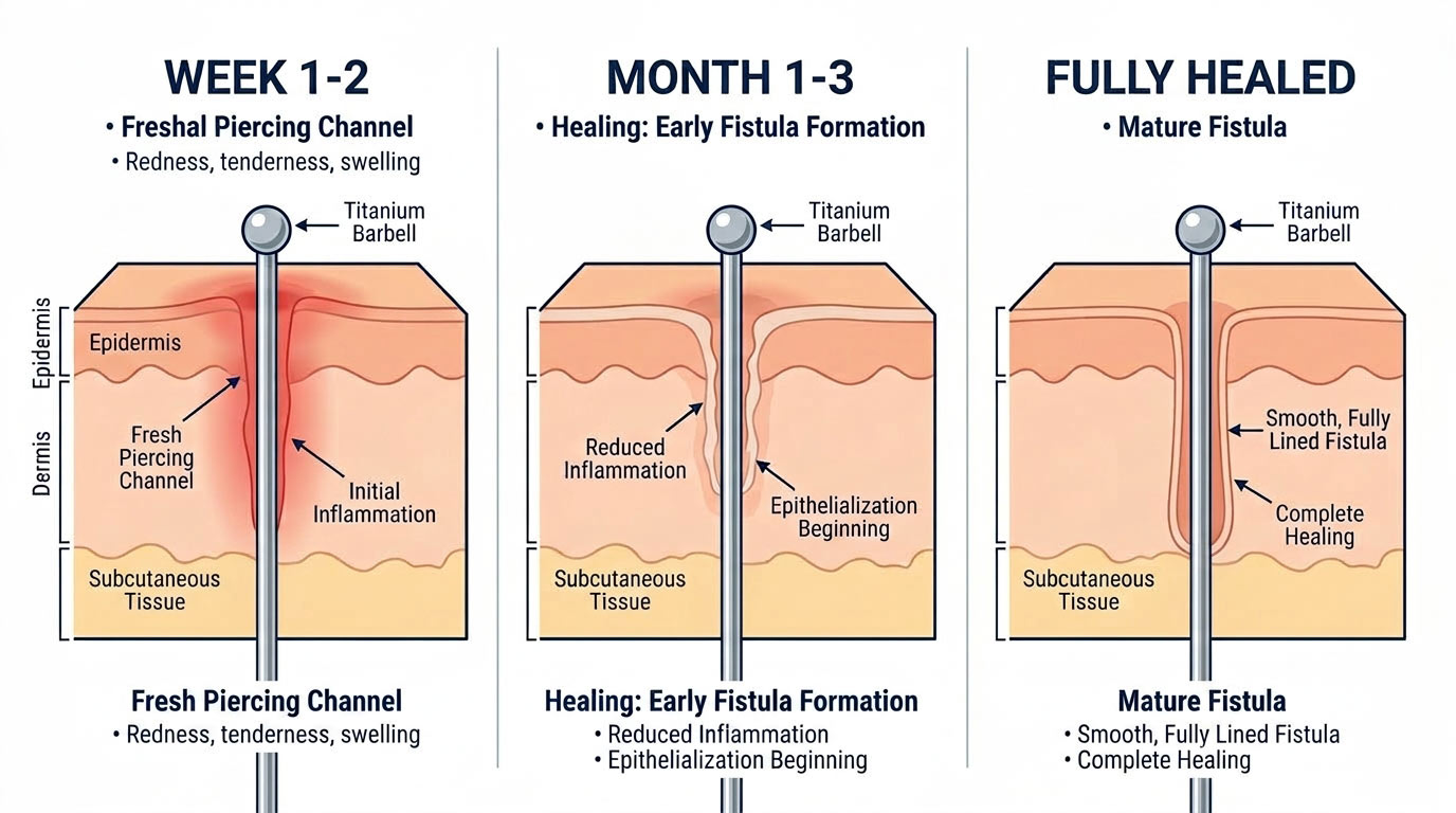 Skin tissue healing stages — piercing fistula formation diagram