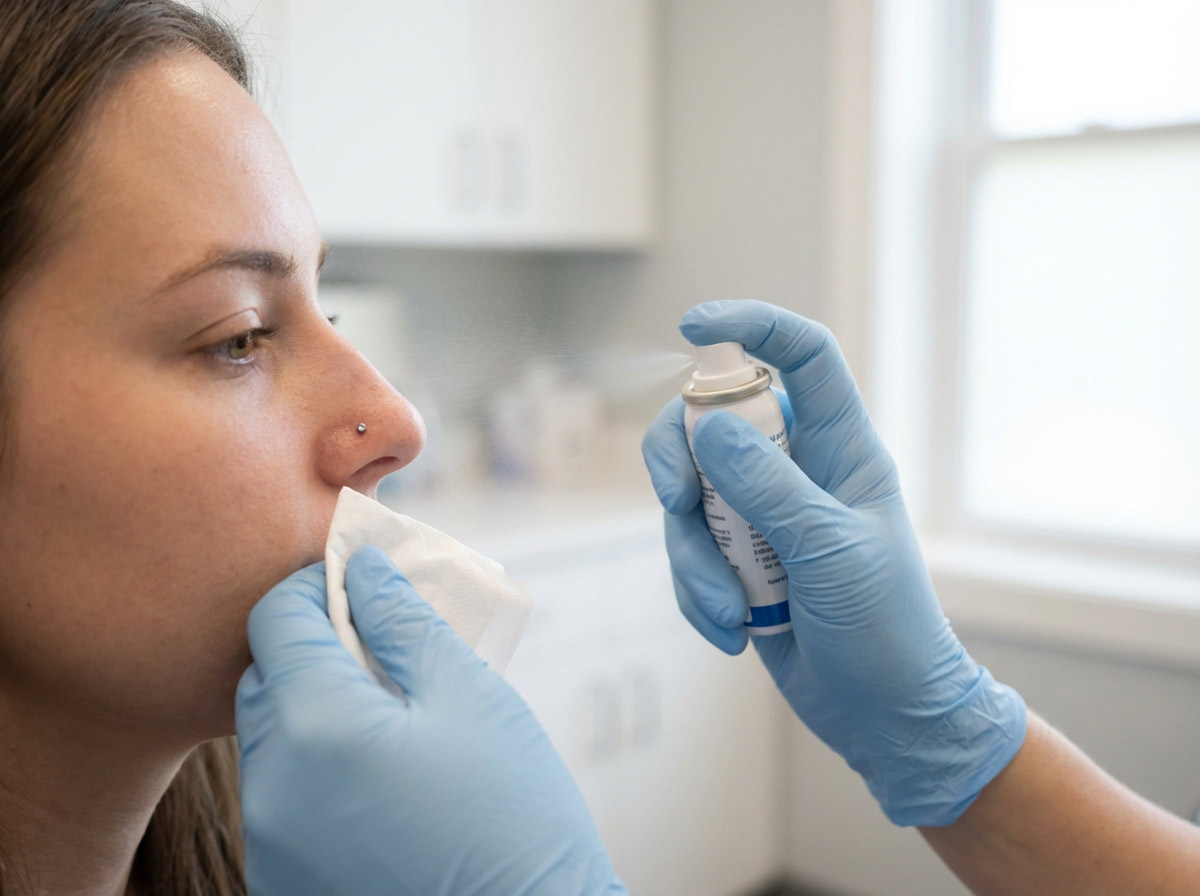 Woman applying sterile saline spray to nose piercing — correct aftercare technique