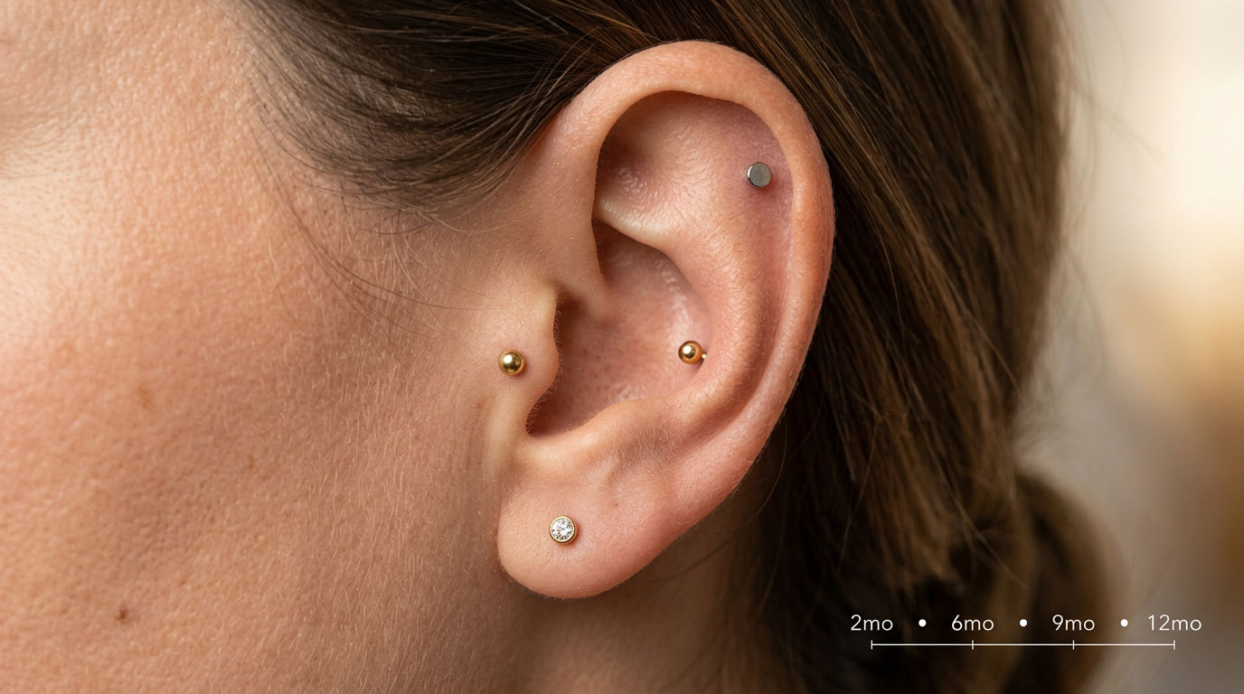 Close-up of ear with multiple delicate piercings — piercing aftercare guide