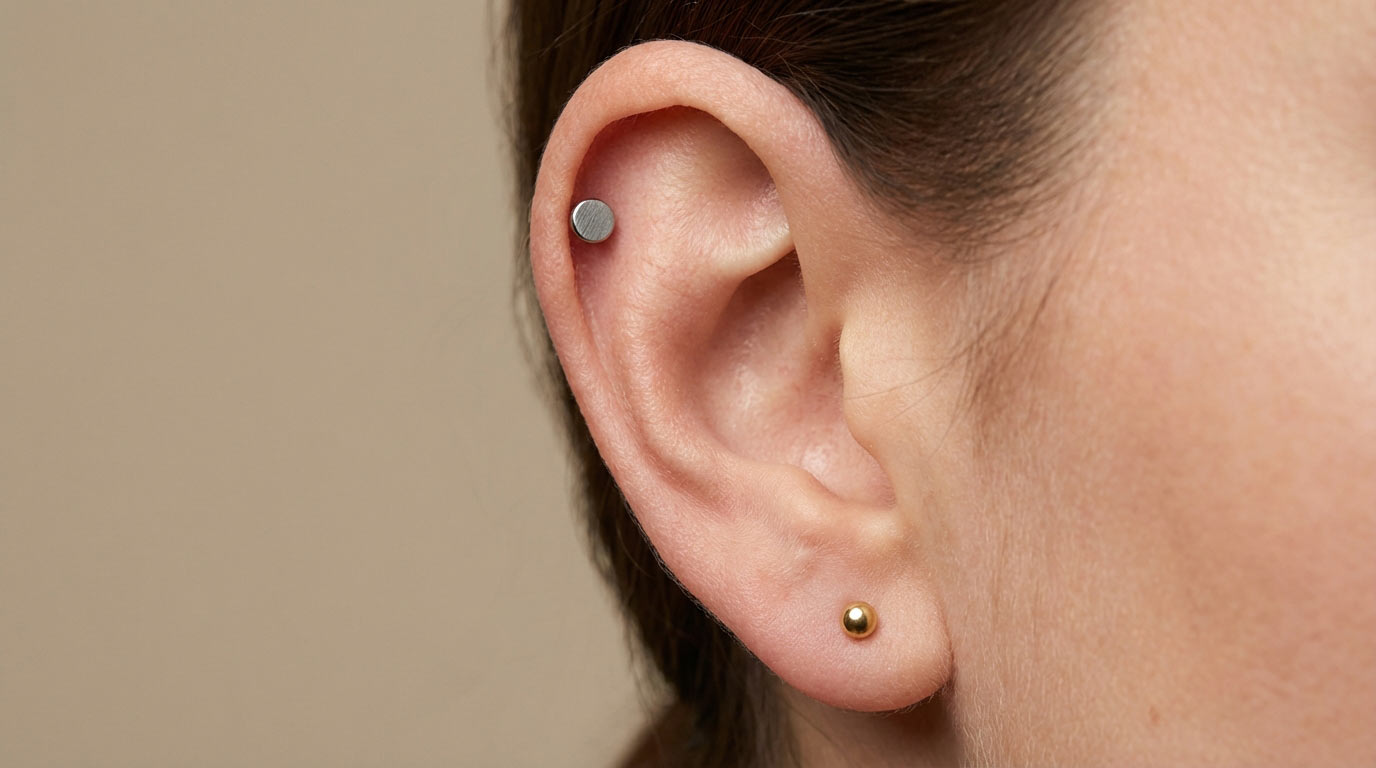 Woman's ear with multiple cartilage piercings — helix, flat helix, tragus and daith piercing types visible