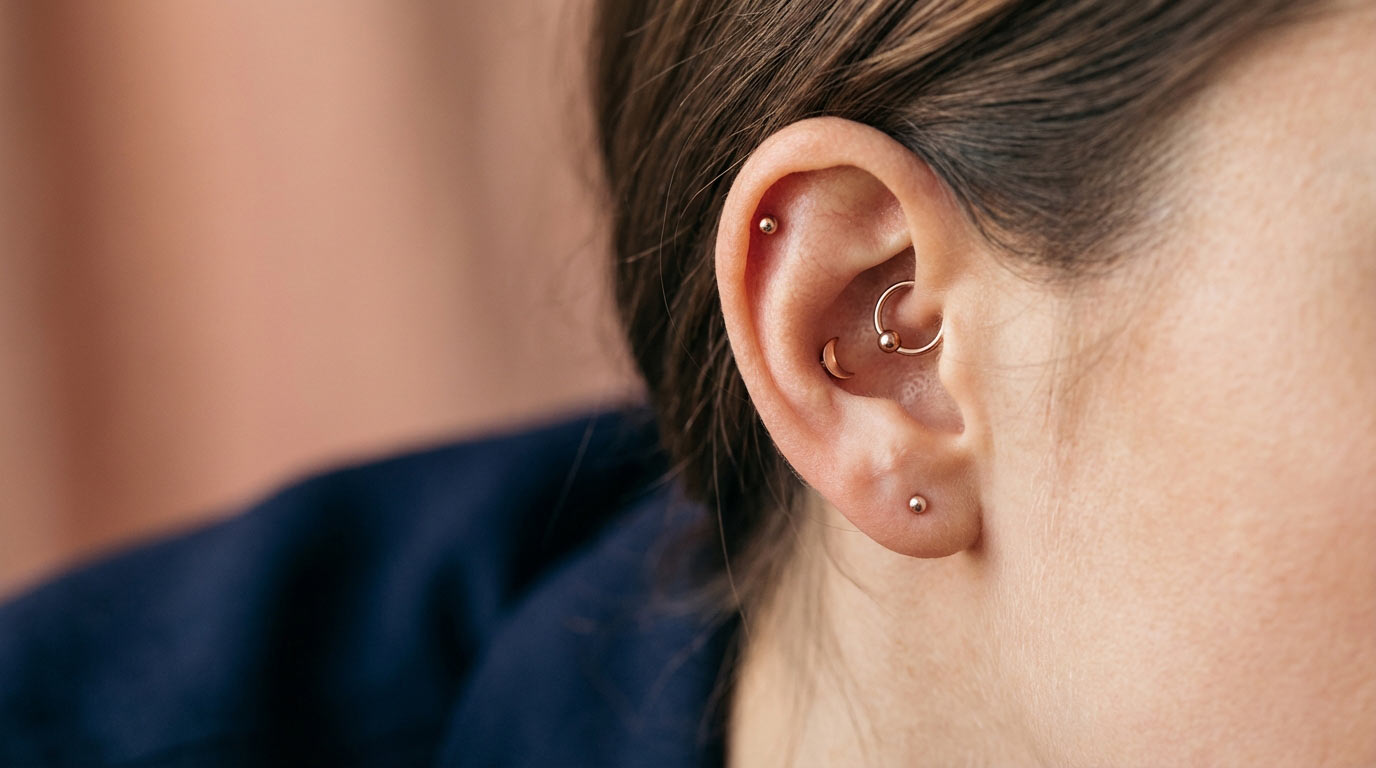 Woman's ear showing cartilage piercing vs earlobe piercing — anatomy comparison of cartilage vs soft lobe tissue