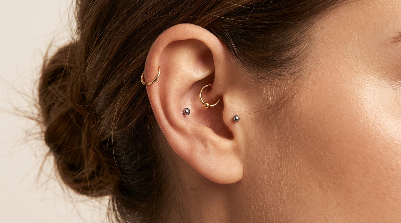 Cartilage ear piercing guide 2025 — helix, daith, tragus and conch piercings on woman's ear