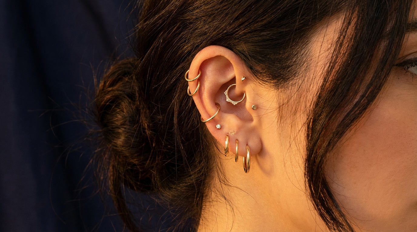 Woman's ear with curated cartilage earscape 2025 — multiple helix, daith, and lobe piercings styled together in gold jewelry