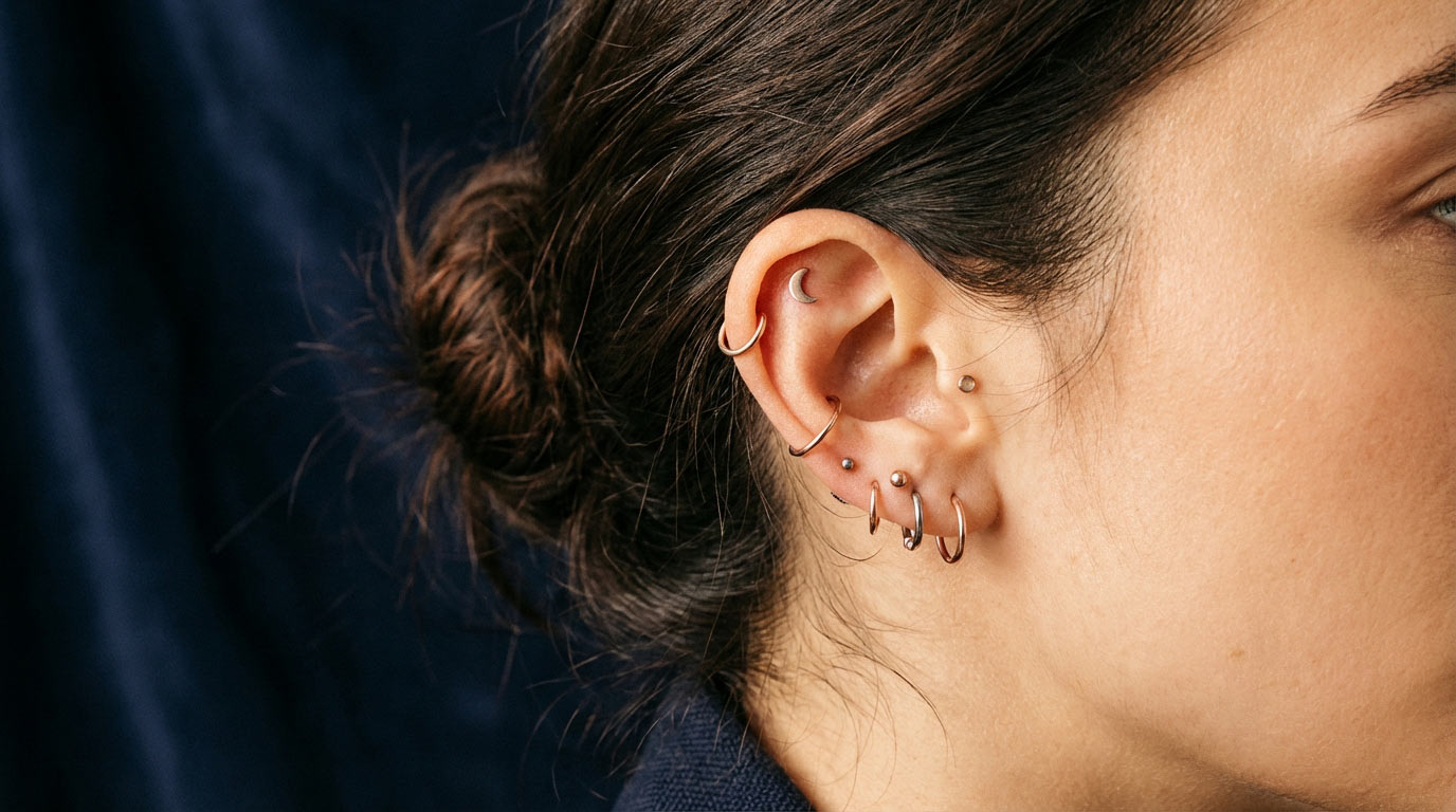 Woman's ear with helix cartilage piercing — helix piercing guide 2025 showing upper ear cartilage rim placement