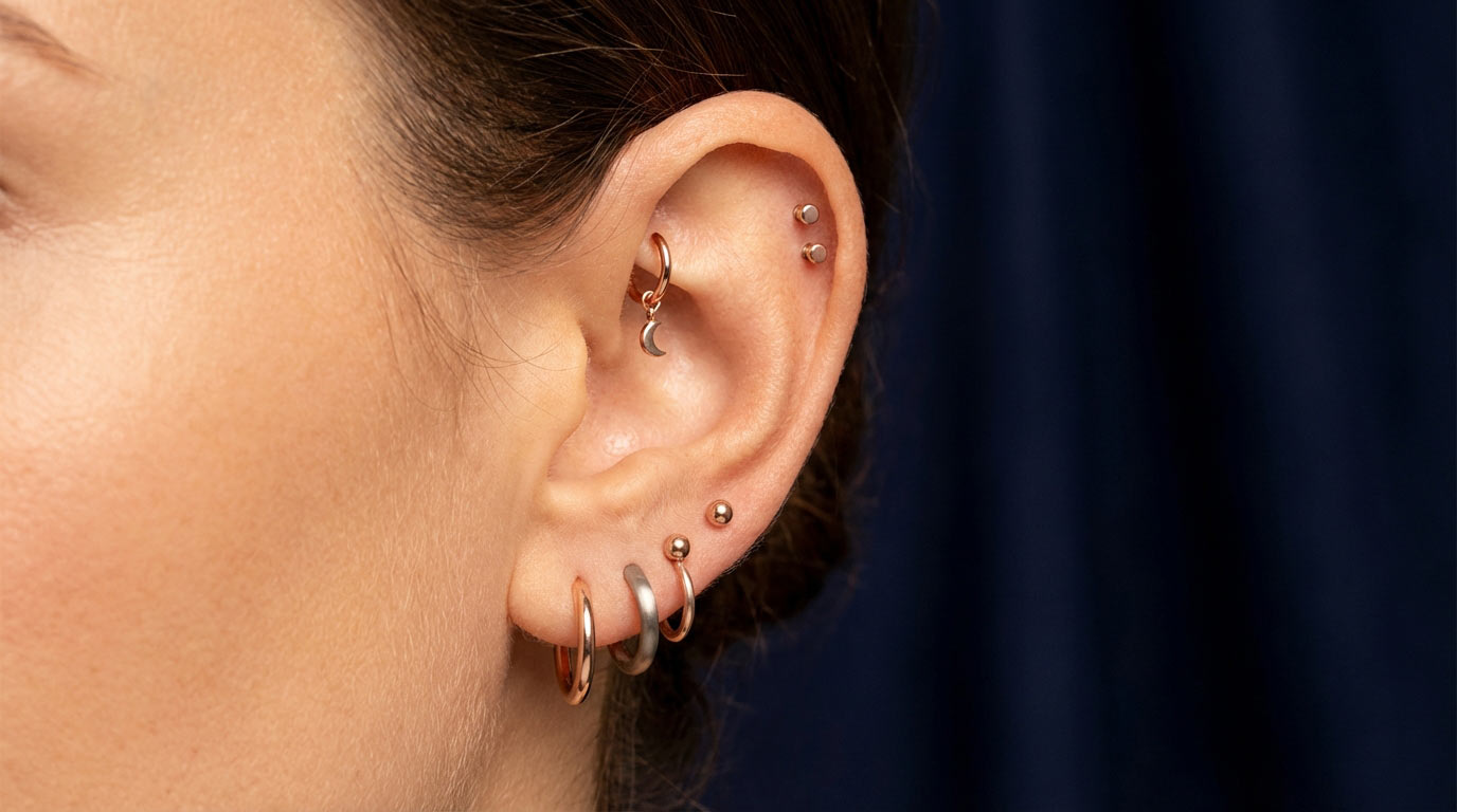 Woman's ear with curated helix earscape 2025 — double helix, hidden helix and stacked lobe piercings in gold titanium jewelry
