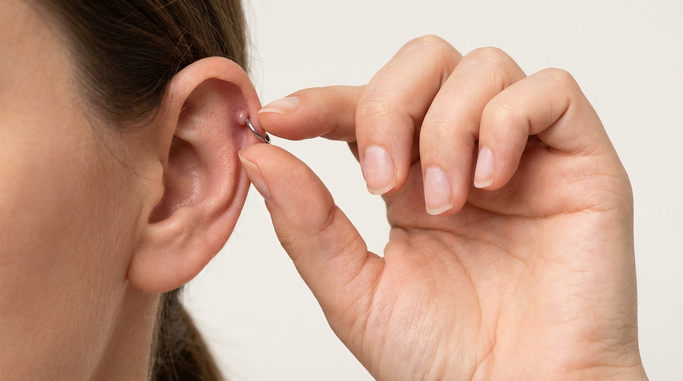 Woman's hand examining a bump near a piercing — self-diagnosis checklist