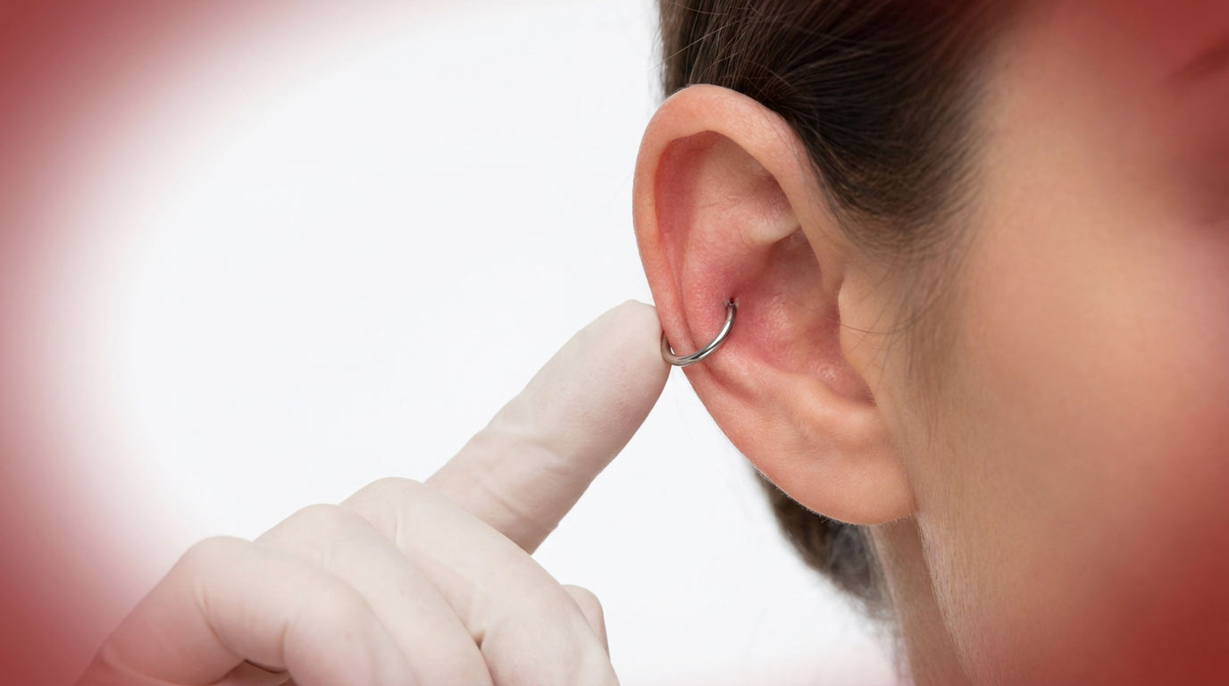 Woman's hand touching ear piercing — common mistake of over-handling during cleaning