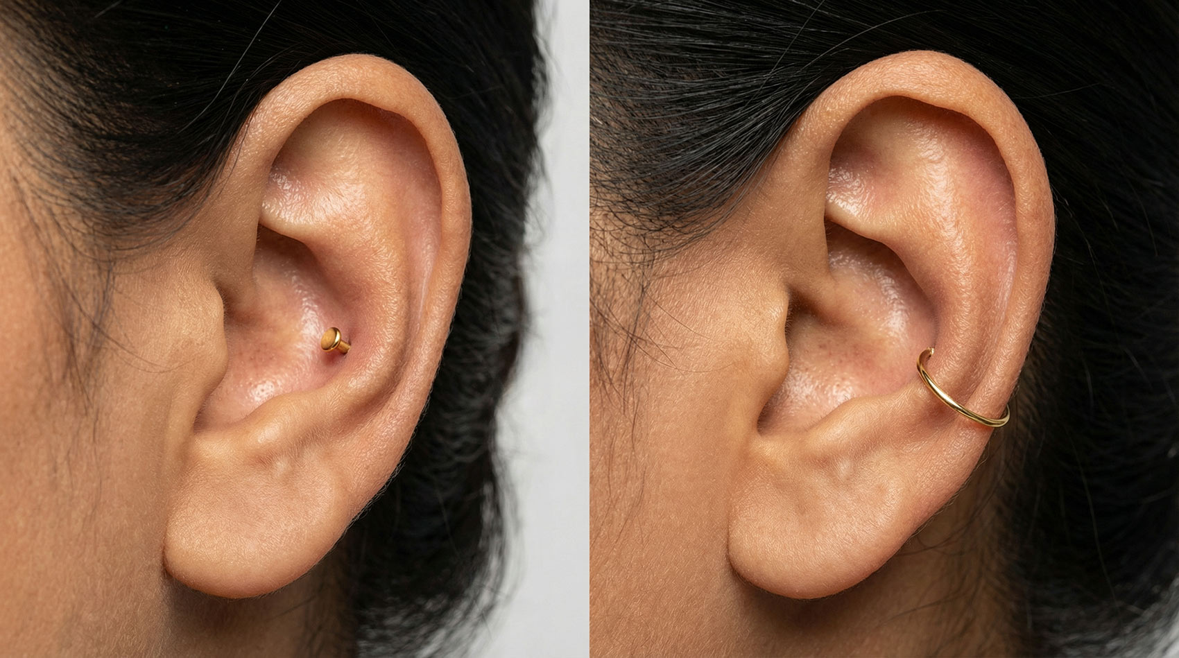 Conch piercing curated ear 2026 — orbital conch hoop with daith clicker and helix studs in gold titanium showing full inner ear curated stack