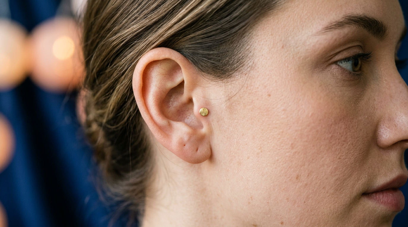 Woman's ear with dainty gold tragus piercing flat-back stud — tragus piercing complete guide 2025 showing placement on small cartilage flap over ear canal