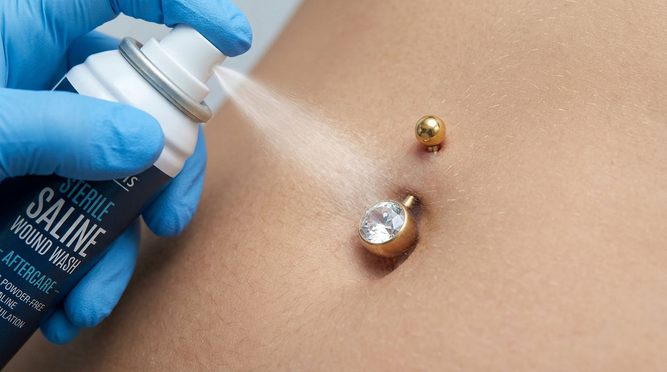 Sterile saline wound wash sprayed on fresh belly button navel piercing — correct aftercare technique twice daily for 12 months healing period