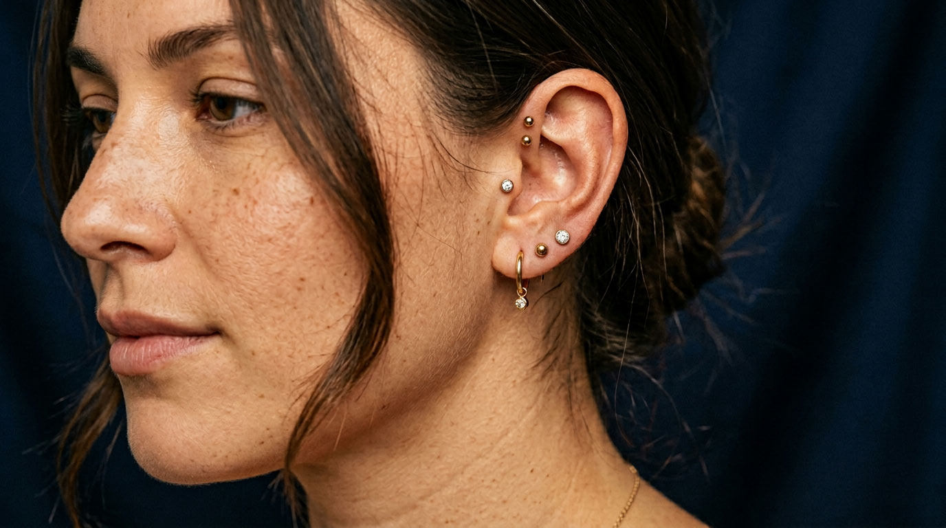 Curated front-of-ear cluster 2025 — tragus gem stud with forward helix studs and stacked lobe earrings in matching gold titanium — tragus piercing trend