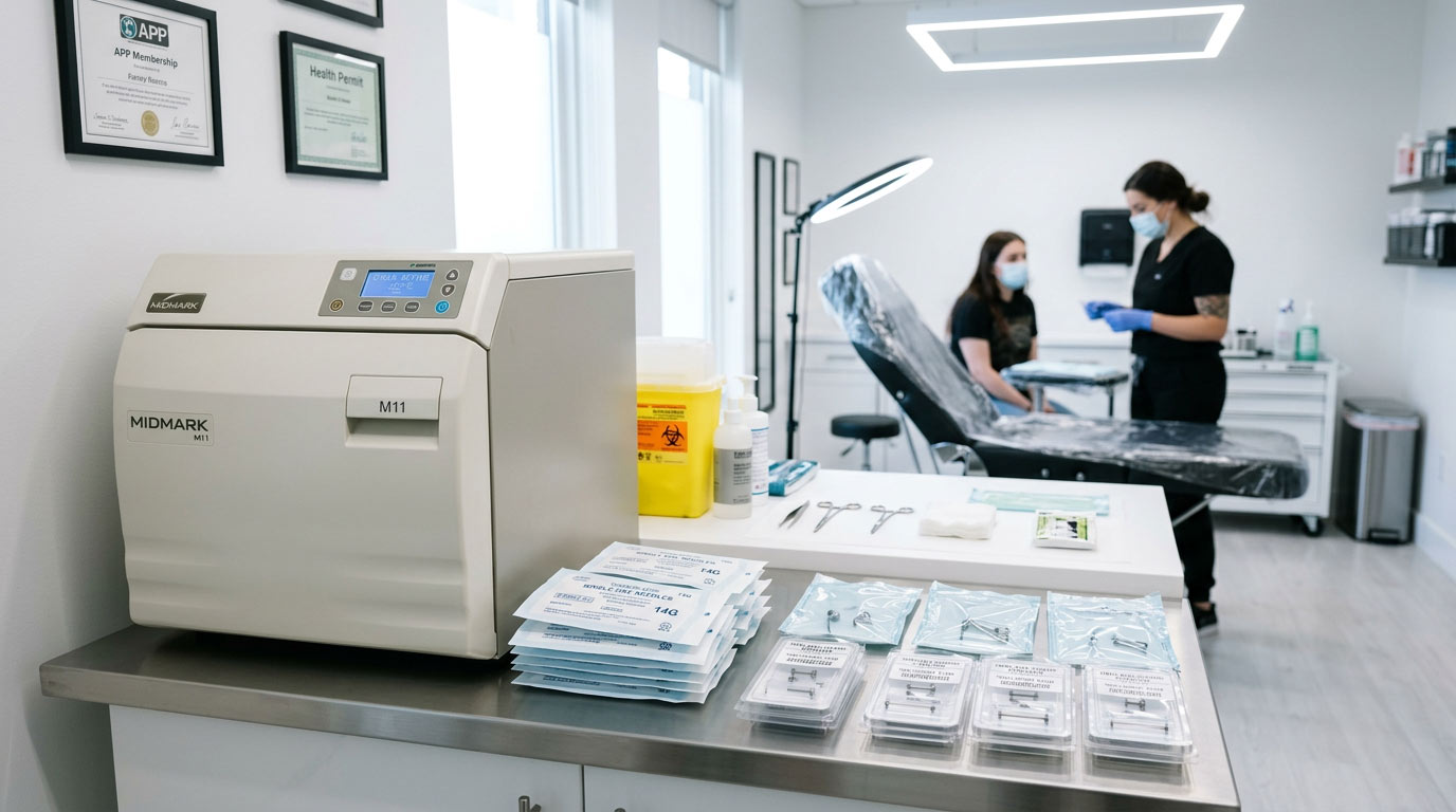 Clean professional body piercing studio interior with autoclave steriliser, sealed single-use needles and implant-grade titanium jewelry display — how to find a safe piercer