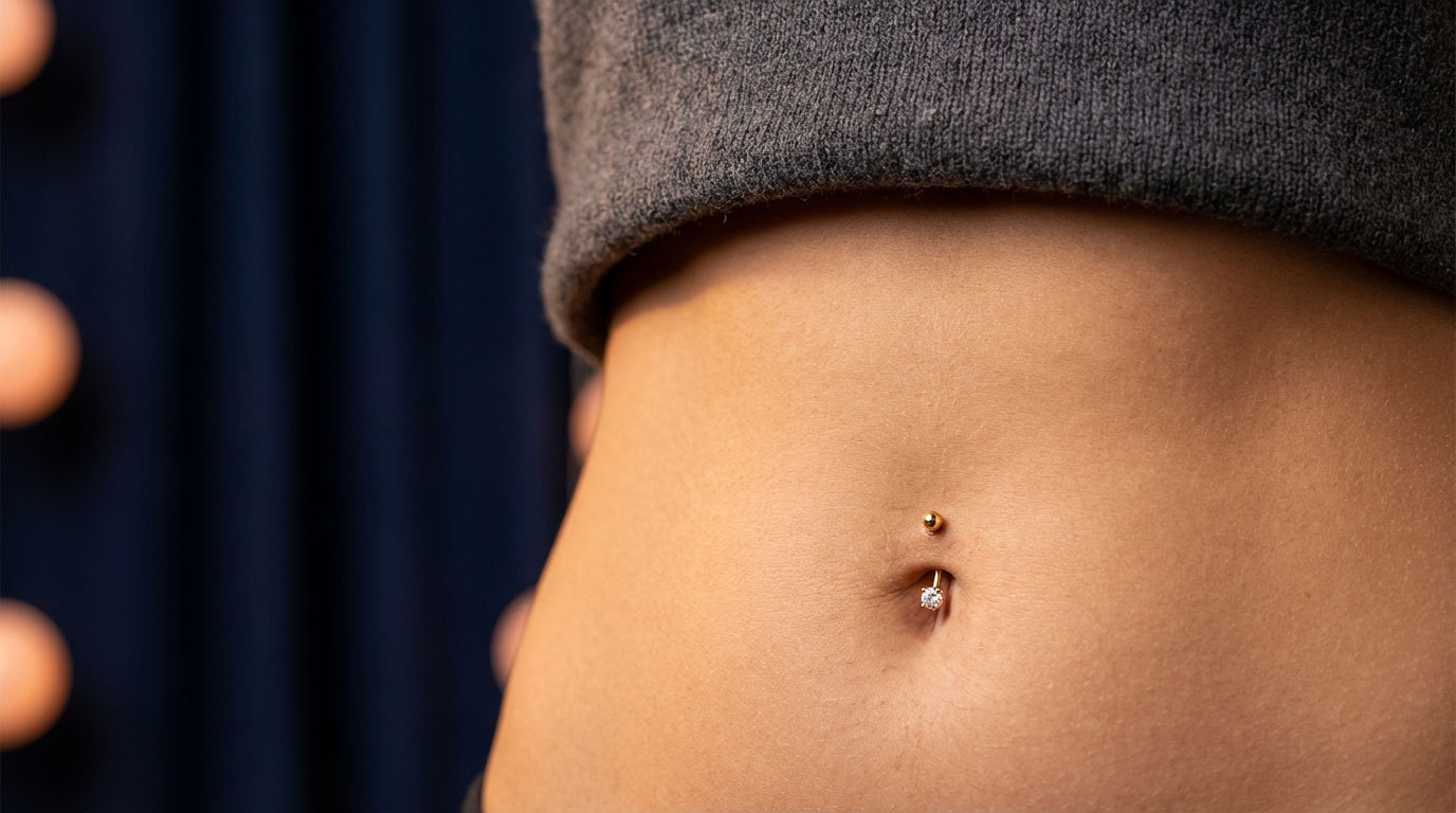 Woman's navel with belly button piercing jewelry — curved titanium barbell, gold dangle belly ring and reverse navel ring styles for healed piercing