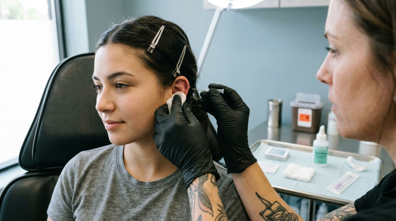 Professional piercer's gloved hands holding single-use hollow needle near ear cartilage — piercing pain guide showing correct needle technique for helix cartilage piercing