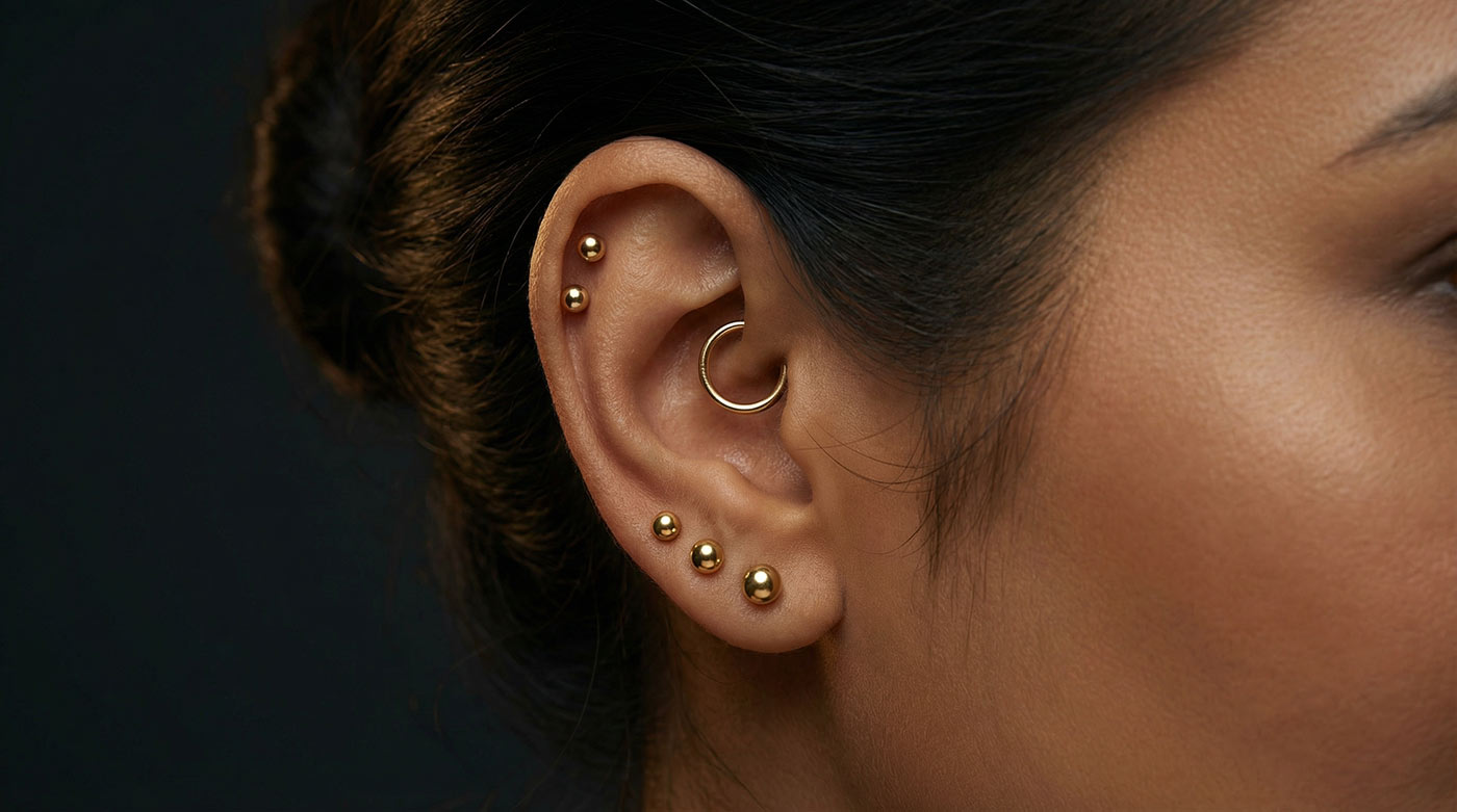 Woman's perfectly styled curated ear with triple stacked gold lobe studs, double helix studs and daith clicker — curated ear earscape guide 2026